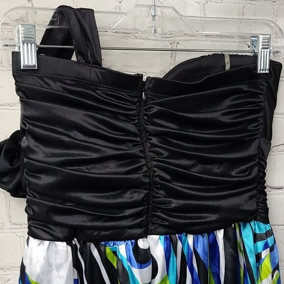 My Michelle One Shoulder Peacock Maxi Dress Colorful Satin Sweetheart Rosette - Picture 9 of 15